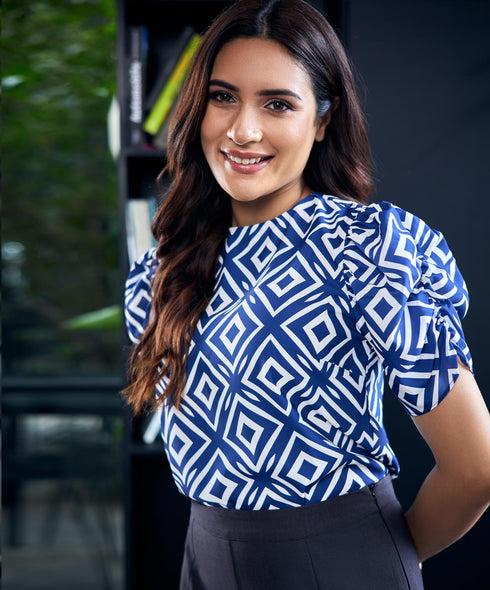 Mid Gathered Sleeve Chiffon Printed Top